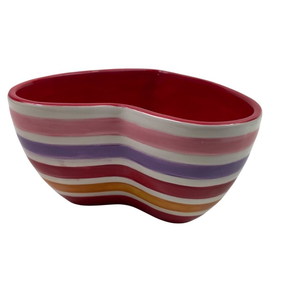 Heart-Shaped Ceramic Bowl With Multicolor Stripes Red Interior 6" Diameter - Picture 7 of 13